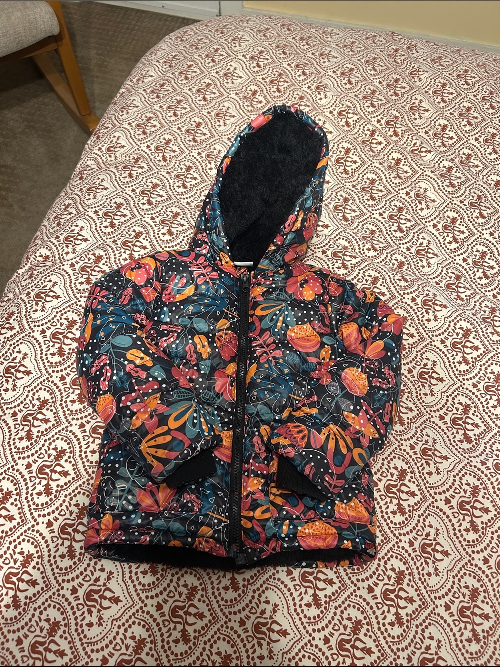 Boboli Girls' Floral Hooded Puffer Jacket - Navy with Orange & Pink Accents